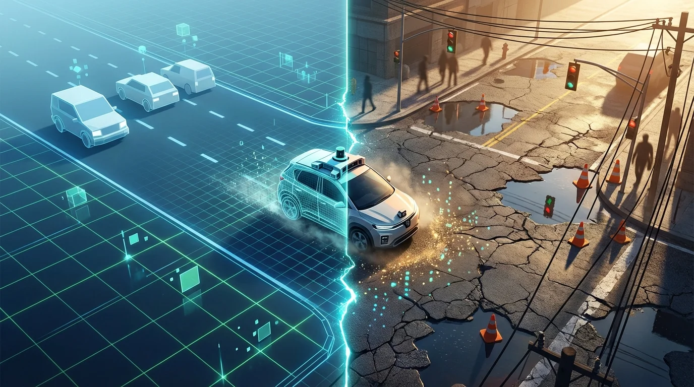 Split scene showing a self-driving car moving from a clean simulation world into a complex real street environment