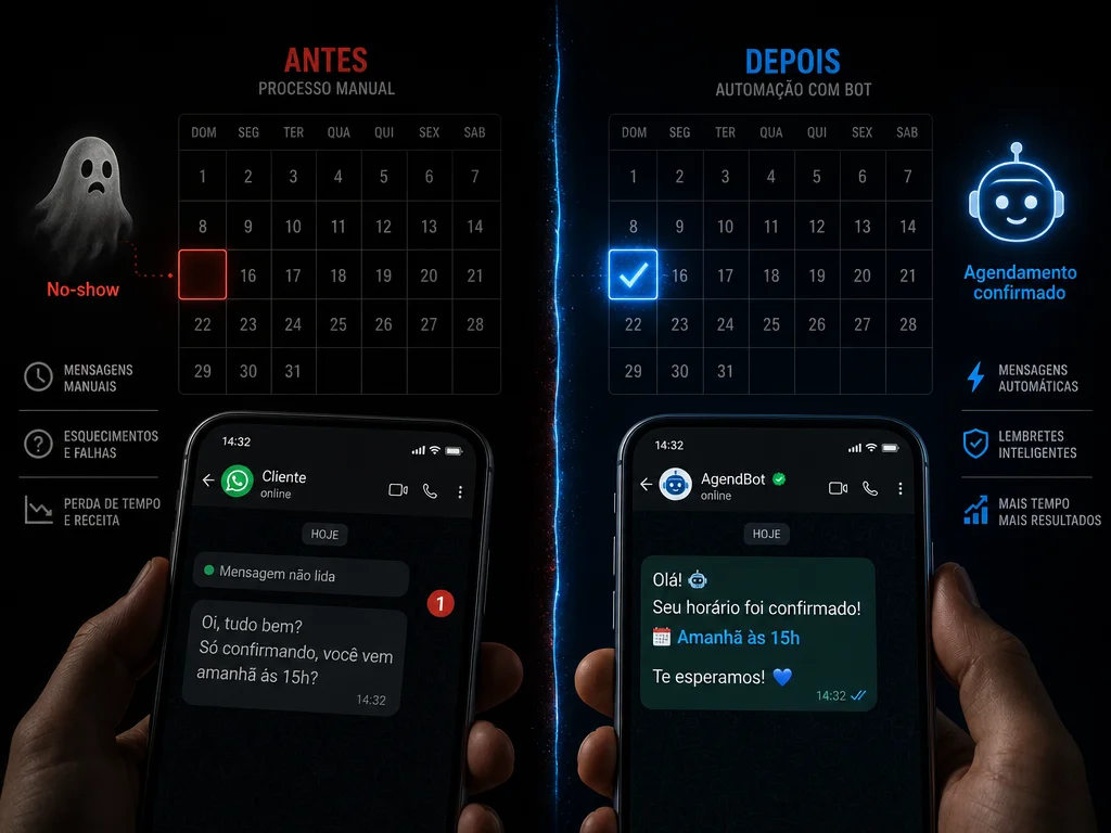 Confirmação automática de horário no salão via WhatsApp — antes e depois