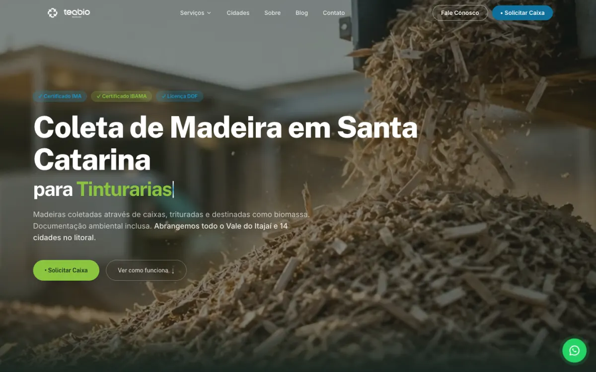 Página inicial do site Teqbio Resíduos